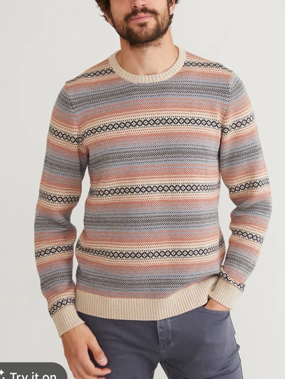 Marine Layer Men's cotton blend Crewneck Sweater in Beige, Blue and Coral